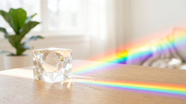 Crystal prism reflecting sunlight creating rainbow effect in a room  