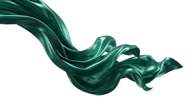 Green silk fabric flowing gracefully, isolated on white background