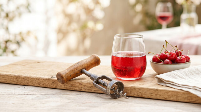 Vintage cork puller with glass of cherry drink on wooden table  