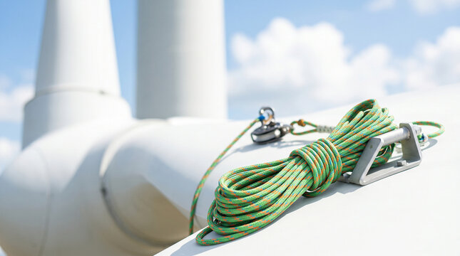 Wind turbine blade inspection rope on turbine structure  