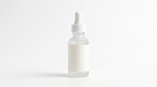 Minimalist Glass Dropper Bottle with Blank White Label for Skincare, Medicine, or Essential Oils, Isolated on White Background