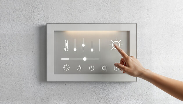 Person interacting with smart home control panel screen on white wall adjusting modern lighting and temperature settings for automated residential comfort.
