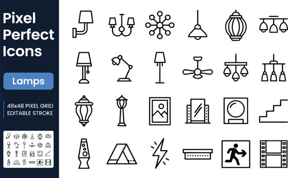 Set of pixel line depicting various lamps, lighting fixtures, and electrical symbols on a white background grid