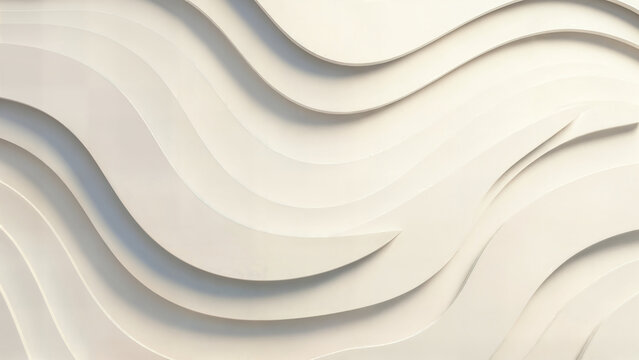 Abstract white wall art panel featuring elegant minimalist fluid wave patterns and smooth curved dimensional lines creating soft shadows on relief surface.