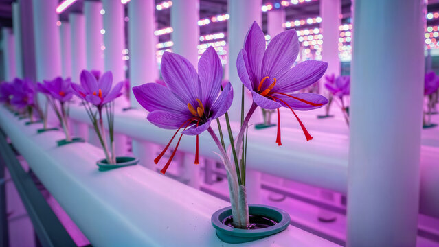 Purple saffron flowers growing in modern vertical hydroponic indoor farm cultivation tubes illuminated with specialized pink and blue led agricultural grow lights.