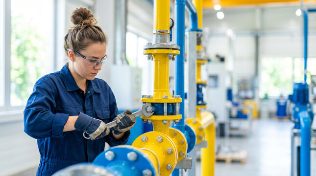 Worker tightening connection bolts with wrench in industrial setting  