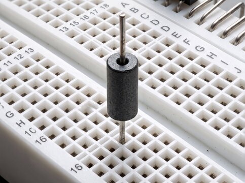 Electronic ferrite bead component inserted into white breadboard for prototyping circuits.