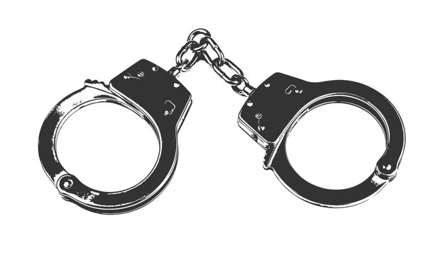 Heavy black metal police handcuffs graphic silhouette isolated on white for law enforcement concepts vector illustration