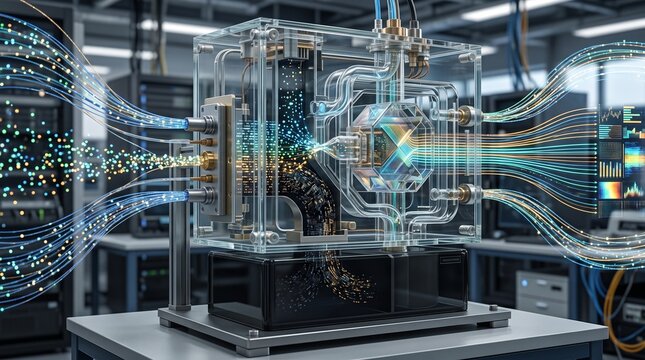 Advanced quantum computing processor with glowing data streams in a laboratory setting.