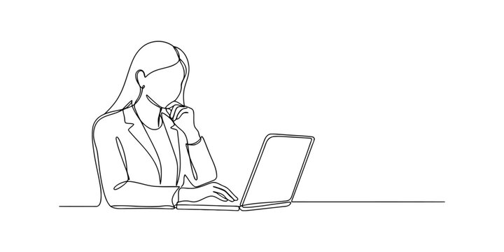 Continuous single line drawing of a business woman sitting and thinking while working on a laptop computer