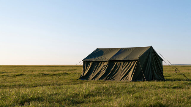 large military tent standing alone in a vast open field under a bright clear sky, wide daylight landscape shot, green grass extending to the horizon, strategic field camp, outdoor