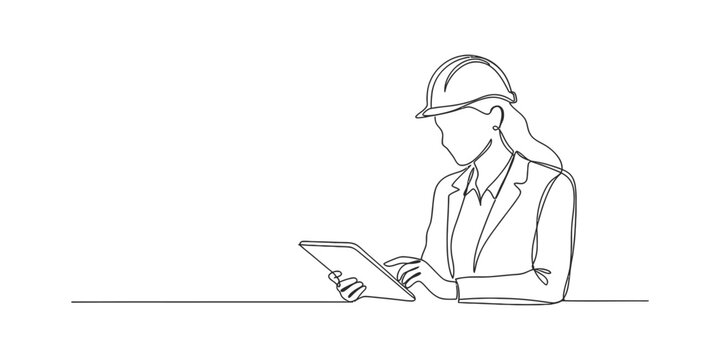 Continuous line drawing of female engineer wearing hard hat looking at tablet device