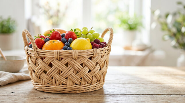 Woven basket filled with fresh fruits on a wooden table in sunlight  