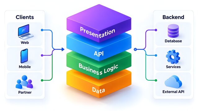 Isometric software architecture diagram showing presentation API business logic and data layers on clean white background