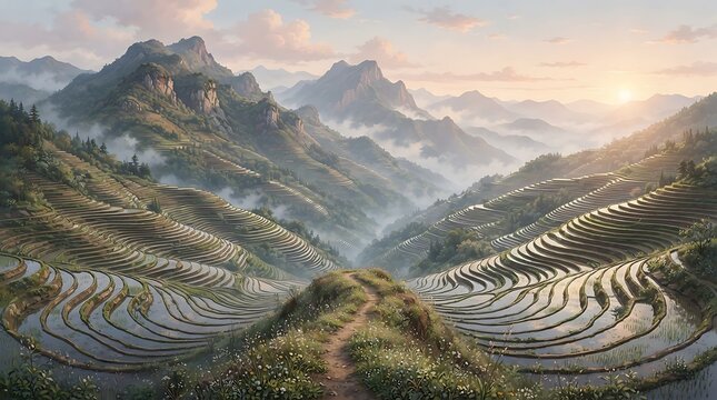 Breathtaking sunrise over the terraced rice fields of mu cang chai in vietnam