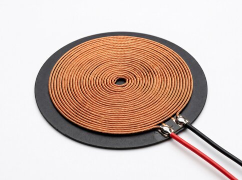 Wireless charging coil with red and black wires on round black base for electronic device.