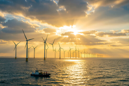 Aerial view of coastal wind farm at golden hour with maintenance vessel