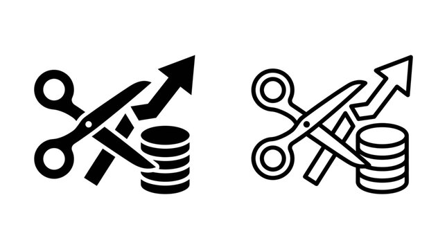 Budget cuts vector icon illustration with scissors cutting financial growth graph and coin stack concept