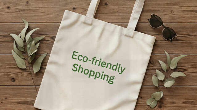White fabric tote bag with green eco friendly shopping text design decorated with eucalyptus leaves and sunglasses placed on rustic brown wooden board background.