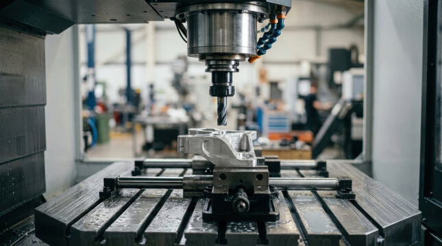 CNC milling machine cutting metal part in industrial factory workshop
