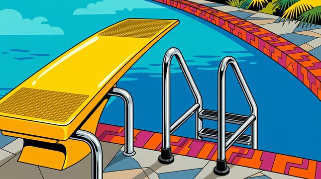 Vibrant Yellow Diving Board by Turquoise Summer Swimming Pool