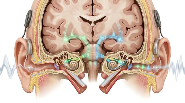 Human brain and auditory system cross section with bilateral cochlear implants and neural pathways