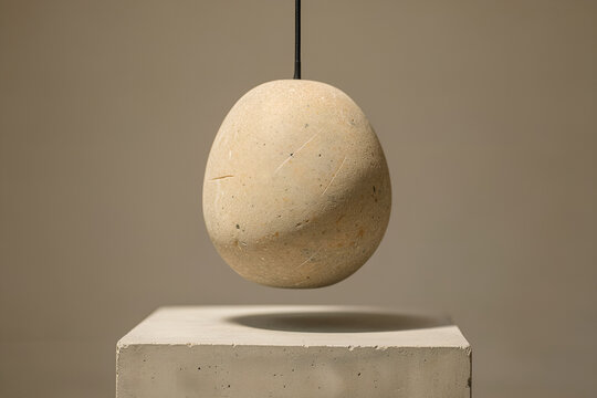Smooth river-stone pendant lamp above minimal concrete studio pedestal with skylight