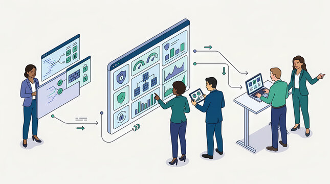 Diverse Tech Team Managing DevSecOps Security Pipeline and Cloud Threat Dashboard Isometric Vector Illustration