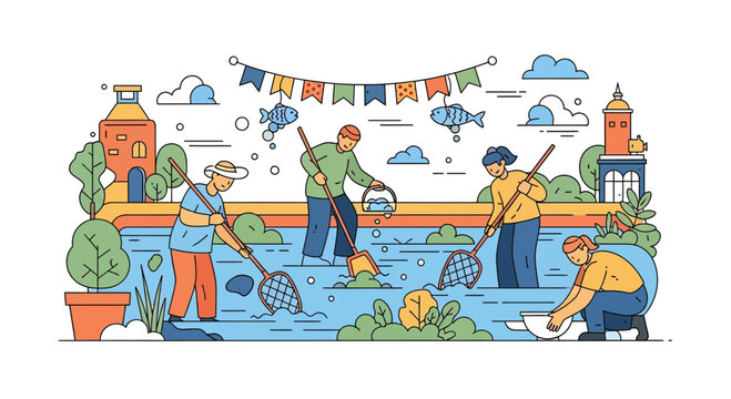 People harvesting fish from a rural community pond.