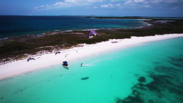 Aerial view of kitesurfer at Los Roques archipelago, Venezuela.