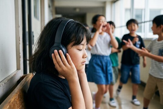 Asian schoolgirl with autism wearing noise-canceling headphones to cope with sensory overload. Stressed child blocking out loud classmates shouting in a school corridor