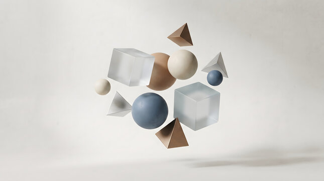 Minimalist geometric 3D shapes floating in space, abstract composition of glass cubes and matte spheres, modern aesthetic still life for design