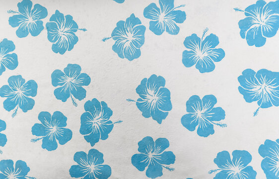 Blue hibiscus pattern flower on white paper background, paper with blue flower pattern background