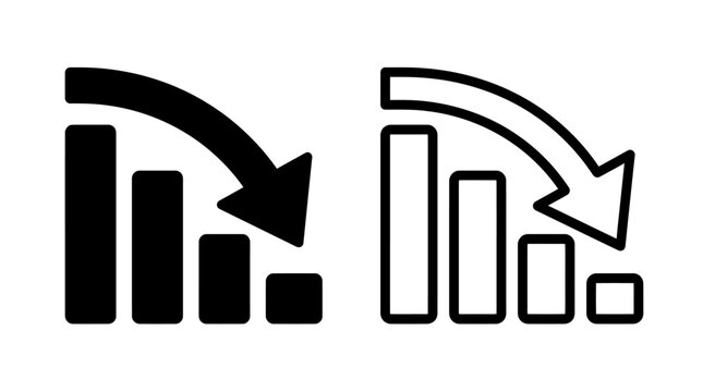 Black and white business decline chart vector icons showing financial loss and downward market trends