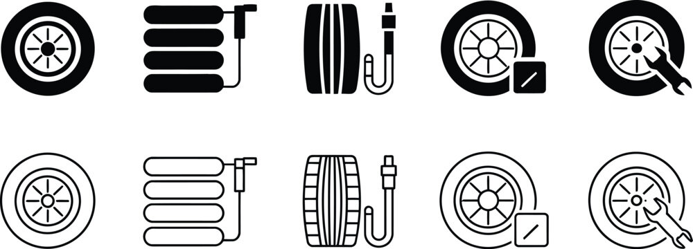 Tire Service and Maintenance Icon Set in Silhouette and Outline Style, automotive repair equipment, wheel service tools, vehicle maintenance, garage workshop symbols.