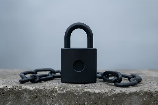 Matte black padlock unlocked on textured concrete ledge with chain