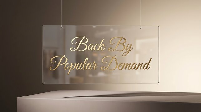 A sleek transparent glass sign hanging from wires featuring back by popular demand in elegant gold lettering