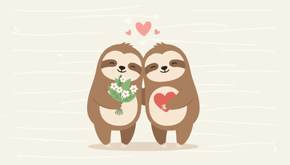 Fototapeta premium Two cute sloths showing love with one holding a bouquet of white flowers and the other hugging a red heart.