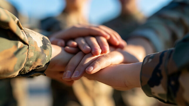 close-up of soldiers hands stacked together in a circle showing unity and teamwork, camouflage sleeves visible, bright outdoor training field background, hands only composition,