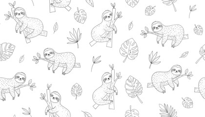 Fototapeta premium Seamless black and white pattern of cute cartoon sloths climbing and sleeping on tree branches with tropical leaves.