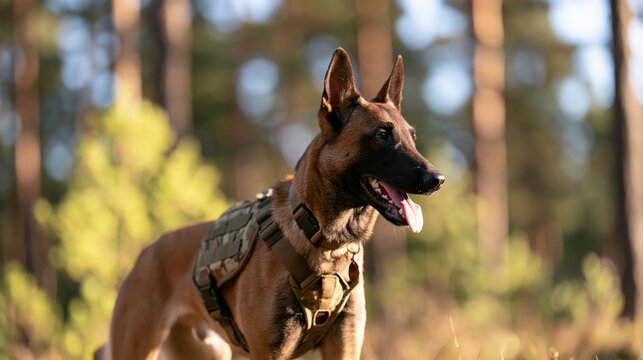 alert Belgian Malinois dog wearing a camouflage vest standing in a sunlit woodland training camp, tall pine trees and bright green foliage in background, working K9 unit, military