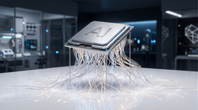 Futuristic 3D render of an AI microchip with glowing neural fibers in a lab. Metaphor for machine learning, deep algorithms, bio-computing, and data processing.