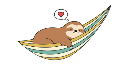 Fototapeta premium Cute cartoon sloth sleeping peacefully in a striped hammock with a small red heart in a thought bubble overhead.