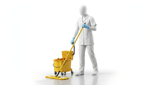 A robot janitor mopping floor isolated on white background