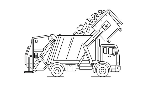 Profile view line art vector illustration of a heavy duty garbage truck lifting a large industrial waste container and emptying trash into its compactor on a white background.