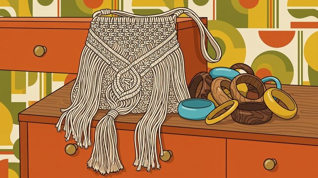Boho Macrame Handbag and Wooden Bangles on Retro Wooden Dresser