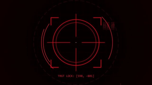 red digital crosshair targeting system interface, futuristic hud overlay with data readouts, scope reticle, and motion tracking lines