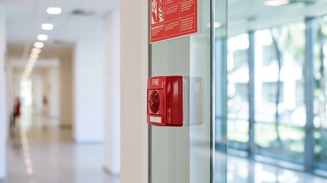 Red fire alarm bell and emergency call point mounted on a glass partition in a modern office hall