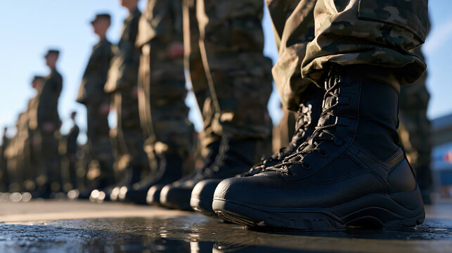 rows of soldiers in camouflage uniform and black combat boots standing in formation on a bright wet pavement parade ground, rear view with faces out of frame, clean daylight sky