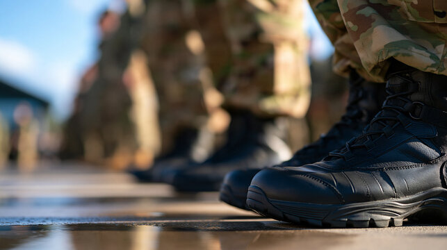 rows of soldiers in camouflage uniform and black combat boots standing in formation on a bright wet pavement parade ground, rear view with faces out of frame, clean daylight sky